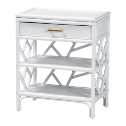 bali & pari Daina Natural Rattan Nightstand with Drawer and Open Shelves - Coastal Bedside Table with Geometric Design, White